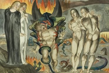 Demons and humans in a fiery landscape
