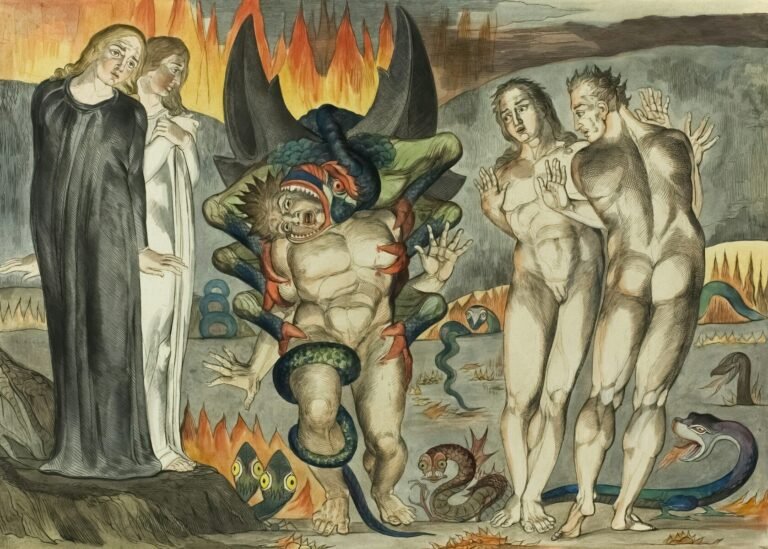 Demons and humans in a fiery landscape