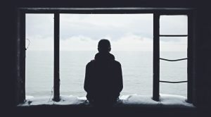 person looking out through window